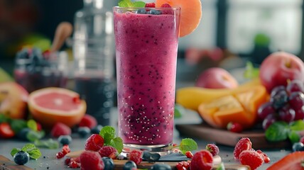  A vibrant fruit smoothie served in a tall glass, brimming with antioxidants and vitamins for a...