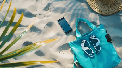 Beach blue bag flip flops and cell phone on a tropical beach Top view with copy space : Generative AI