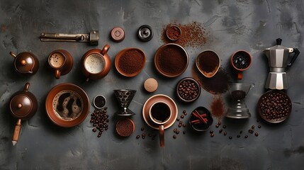 Ingredients for making coffee Different ways to make coffee geyser moka maker clay and metal cezve machine capsules Coffee making concept Flat Lay Top view Copy space : Generative AI