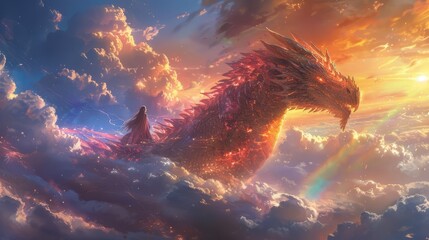 woman, girl, riding the dragon in the sky