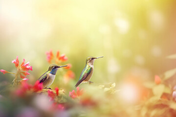 Small Hummingbird flying around the flowers with beautiful blurry foliage background. Beautiful bird feeding in the spring season.