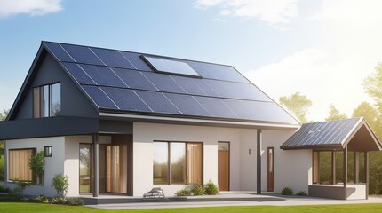 Fototapeta premium House with Solar Panels on Roof and in Front