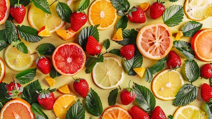 Colorful pattern made of citrus fruits leaves and strawberries : Generative AI