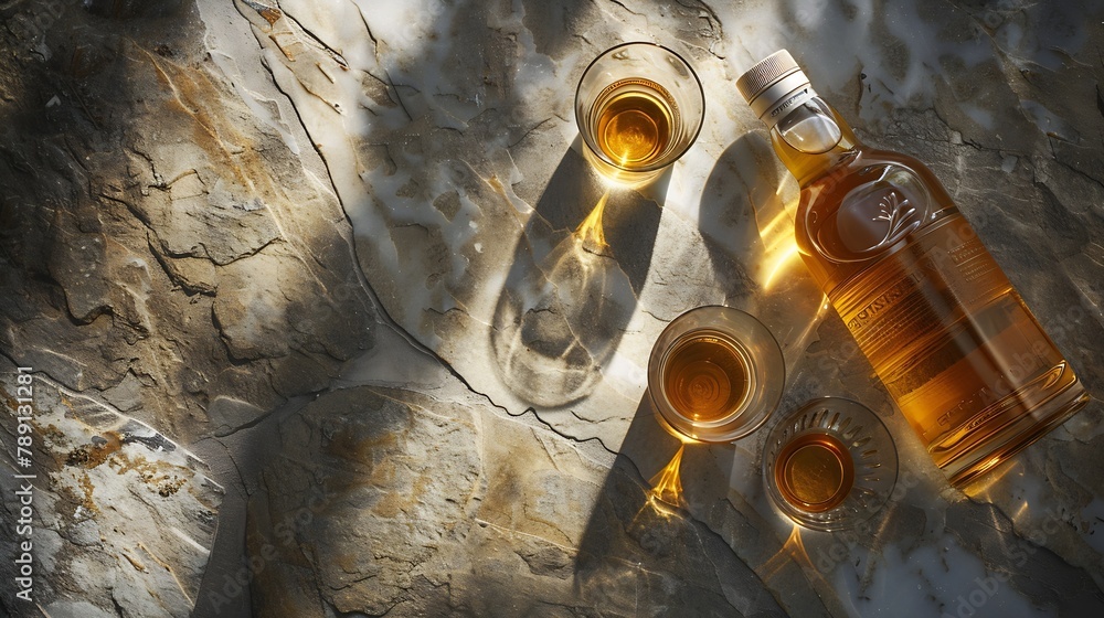 Poster scotch whiskey bottle and glasses on stone table with copy space top view flat lay : generative ai