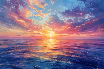 : A detailed brush painting of a vibrant sunset over a calm ocean