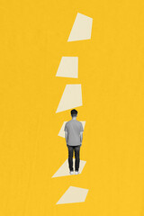 Vertical creative collage poster standing young man climb upwards stairs ladder top improvement self development progress © deagreez