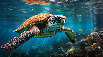 Turtle swimming in the deep sea, underwater photography