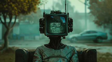 robot tv head, brain dead society lobotomize technology media - by generative ai