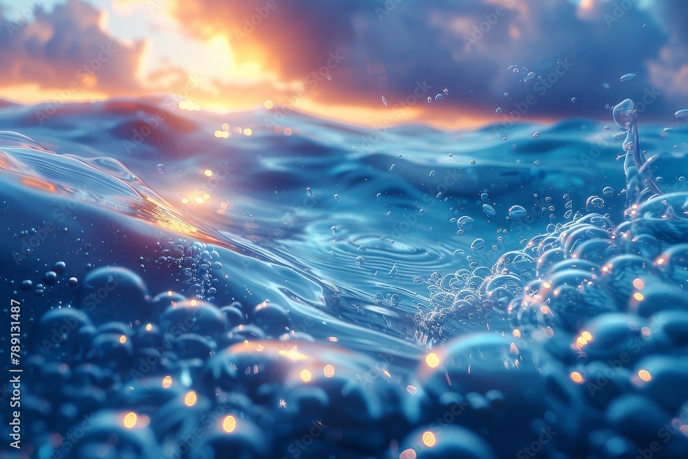 Poster the image showcases a serene ocean scene at sunset, with subtle waves and bubbles illuminated by the