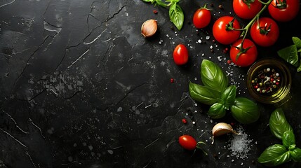 Black cooking background with useful cooking italian Mediterranean ingredients  tomatoes basil leaves greens olive oil salt pepper garlic flat lay black concrete table top view copy sp : Generative AI