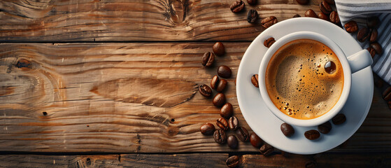 Espresso Coffee Cup With Beans On Vintage Table copy space