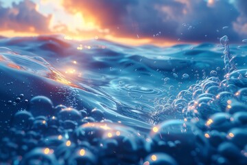 The image showcases a serene ocean scene at sunset, with subtle waves and bubbles illuminated by the soft glow of the setting sun - obrazy, fototapety, plakaty