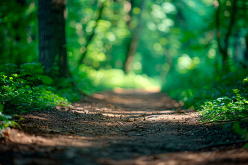 Tranquil Forest Path in Soft Morning Light, Embraced by Green Foliage - obrazy, fototapety, plakaty