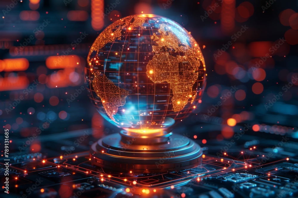Poster a digitally enhanced image of a glowing earth globe on a futuristic illuminated interface
