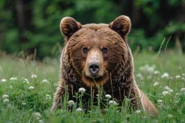 Captivating image of an intimate portrait of a brown bear surrounded by the greenery and white flowers of its habitat