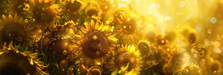 Vibrant Sunflowers Glowing in Ethereal Light A Closeup Cluster Blooming with Summer Joy