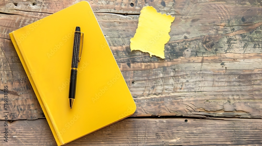 Fototapete blank yellow notebook with pen are on top of wood office desk table torn paper or business card top 