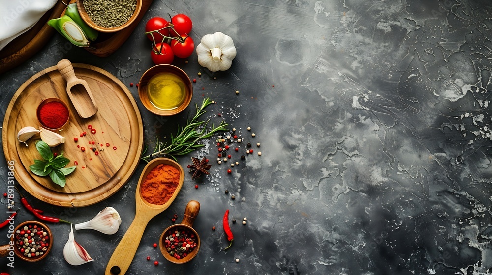 Poster cooking wooden utensils empty plate condiments and spices on stone kitchen table food cooking templa