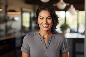 Portrait of a smiling indian woman in her 40s donning a classy polo shirt over scandinavian-style interior background
