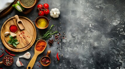 Cooking wooden utensils empty plate condiments and spices on stone kitchen table Food cooking template concept Top view with copy space Flat lay : Generative AI