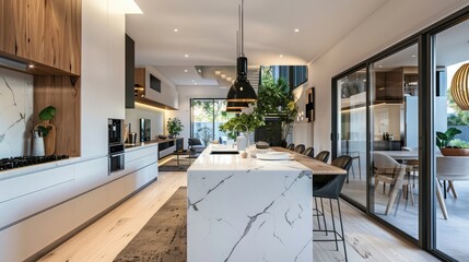 Modern kitchen featuring a white marble island, black pendant lights, and green plant accents.