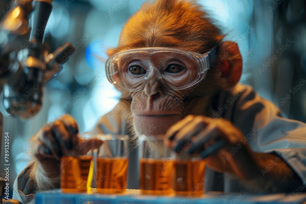 Poster a thought-provoking image showing a monkey scientist focused on researching with lab instruments