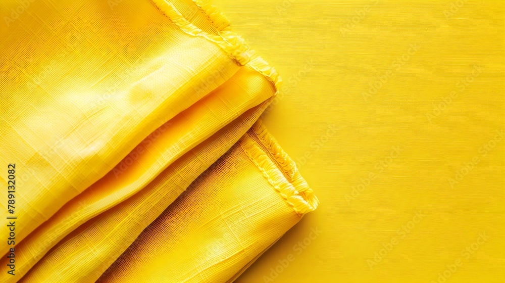 Poster top view with yellow empty kitchen napkin isolated on table background Folded cloth for mockup with copy space Flat lay Minimal style : Generative AI