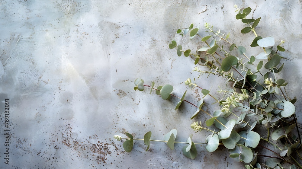 Poster feminine styled stock photo floral composition of green silver dollar eucalyptus leaves and branches