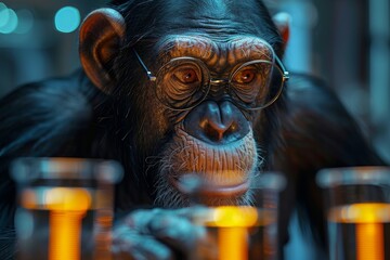 A surreal image of a monkey seemingly interacting with an object against a backdrop of glowing drinks - obrazy, fototapety, plakaty