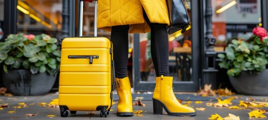 Elegant travel suitcase positioned at the entrance of a prestigious hotel for guests