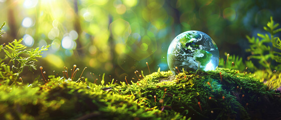 Globe On Moss In Forest Environmental Concept copy space - obrazy, fototapety, plakaty