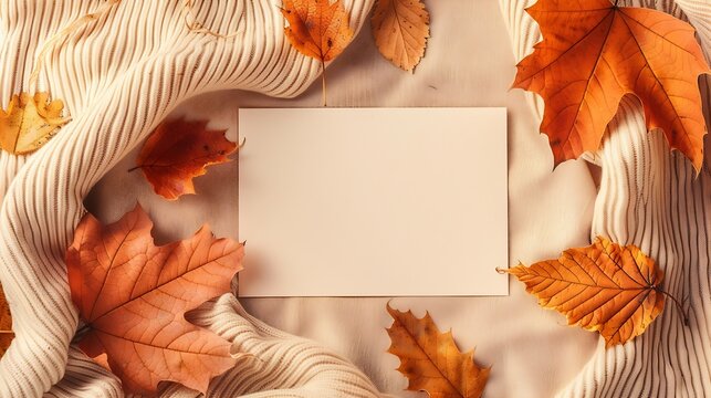 Blank paper card mock up fall leaves on a neutral beige and bright ginger orange knitted textile background aesthetic autumn wedding invitation business brand design template flat lay : Generative AI
