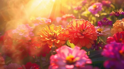 Vibrant Zinnias Cluster Glowing in Ethereal Sunlight CloseUp Shot of Radiant Blooms