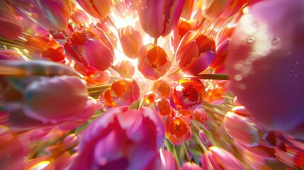 Vibrant Tulips Reaching for the Sunlight: A Dense Cluster Basking in Warmth and Color