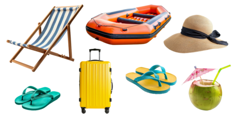 Set of Summer accessories elements for holiday vacation isolated on background, Beach items for swimming and relax, beach ball, seashell, hat and other.