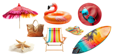 Set of Summer accessories elements for holiday vacation isolated on background, Beach items for swimming and relax, beach ball, seashell, hat and other.