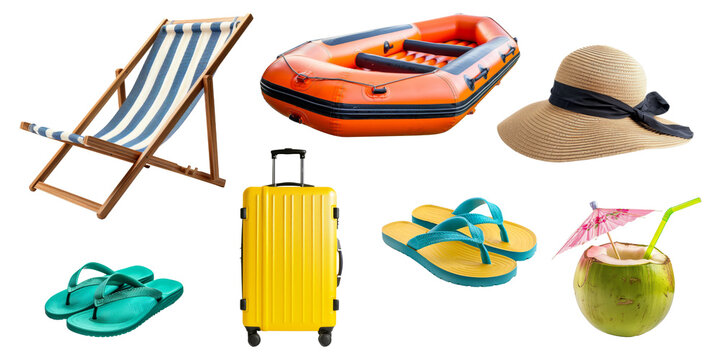 Set of Summer accessories elements for holiday vacation isolated on background, Beach items for swimming and relax, beach ball, seashell, hat and other. - Powered by Adobe