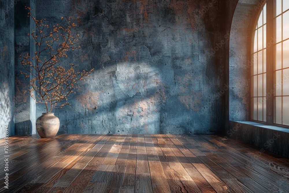 Poster a warm sunbeam shines through a large window, highlighting the solitude of a single tree in a rustic