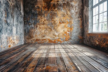 An aged interior space featuring a distressed wall, wooden floor with rich textures and an open sunlit window - obrazy, fototapety, plakaty