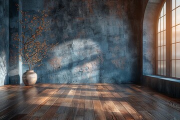 A warm sunbeam shines through a large window, highlighting the solitude of a single tree in a rustic vase - obrazy, fototapety, plakaty