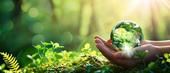 Hands Holding Globe Glass In Green Forest Environment