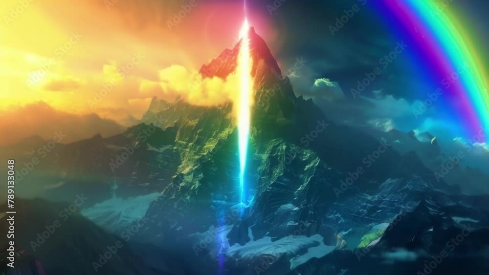 Poster a mountain peak illuminated by a rainbow of light each color representing a different chakra and the
