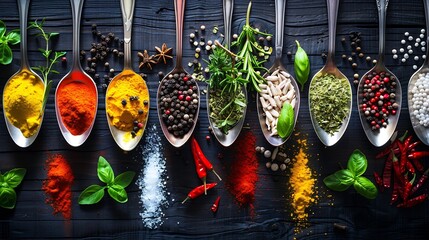 From above flat lay showcasing a variety of spices and seeds in spoons on a dark wooden surface including sunflower seeds anise stars rosemary mint lemon and various colorful peppers a : Generative AI