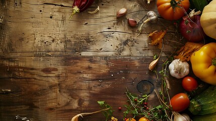 Autumn cooking background with seasonal organic vegetables on wooden table top view copy space...