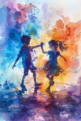 Vibrant watercolor illustration capturing the playful and carefree spirit of children dancing.