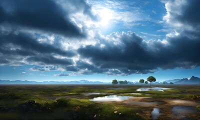 a beautiful blue sky that turns dark and stormy from left to right, 3d, high resolution, surrealistic