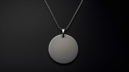 Close-Up View of a Blank Circular Pendant on a Silver Chain Against a Dark Background