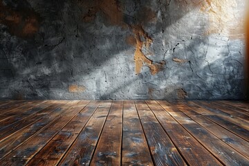 A sunlit room with a mixture of light and shadow playing across the textured walls and wooden floor, evoking a sense of warmth and tranquility - obrazy, fototapety, plakaty