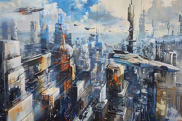 : A detailed brush painting of a futuristic cityscape with towering skyscrapers and flying cars