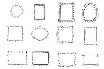 PNG, Hand drawn doodle round and square frames in cartoon style. Vintage retro sketch frames,...